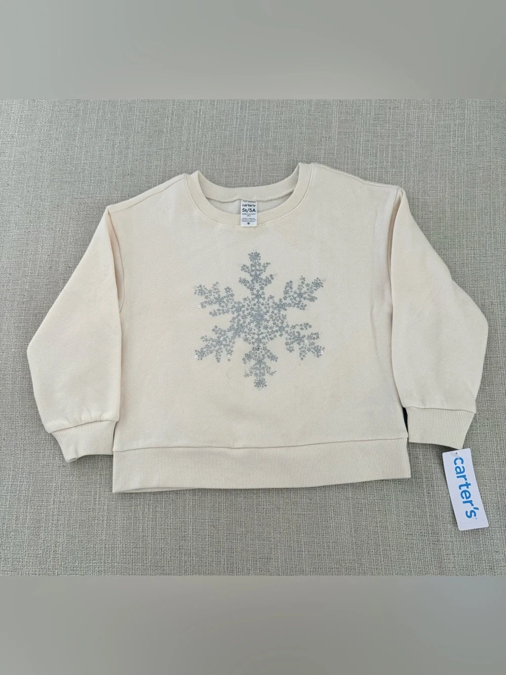 Carter’s Girls 5T Cream Silver Snowflake Sequin Sweatshirt Holiday NWT